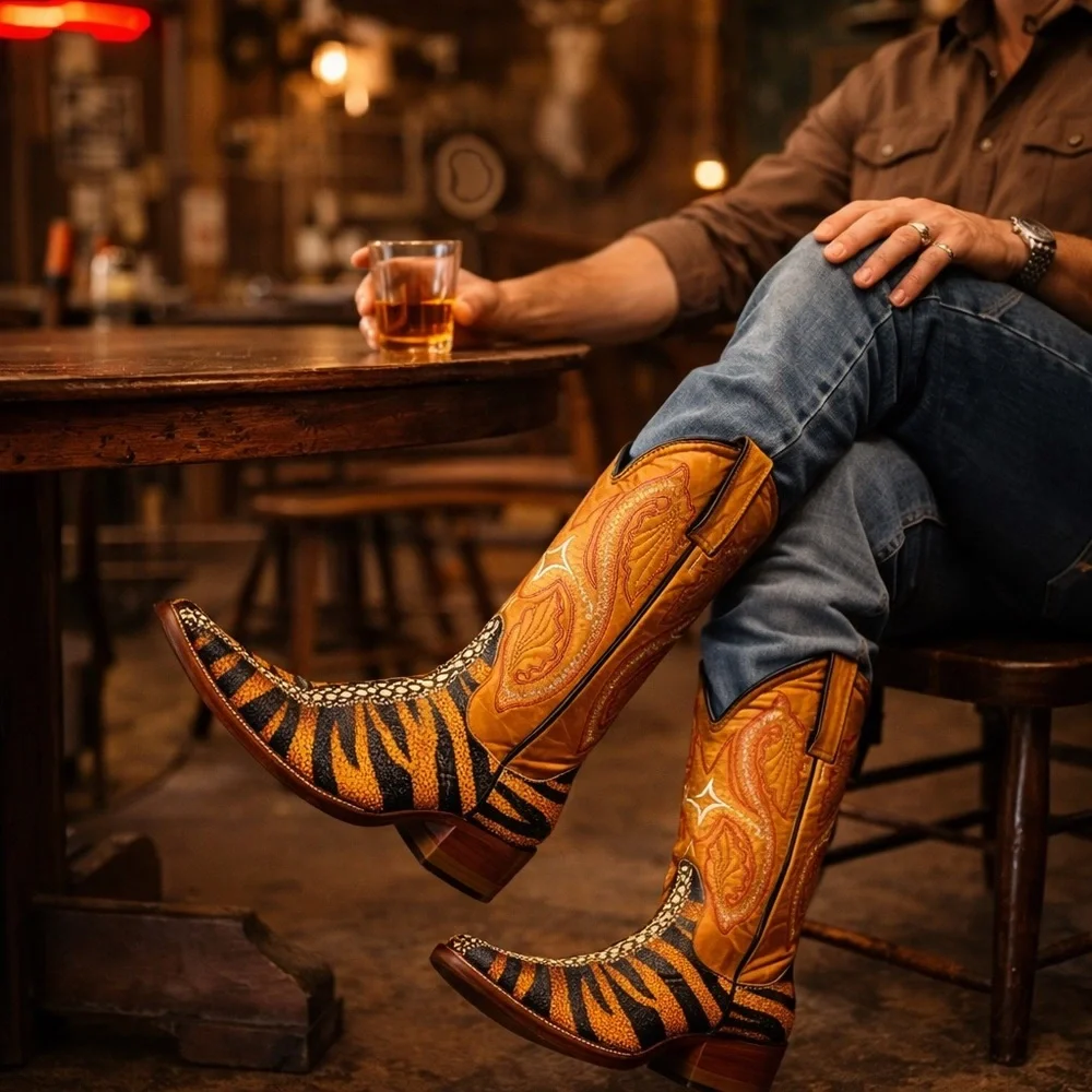 Aguila Real Wild Thang Tiger-Ray Exotic Print Western Boots Men’s 7 M